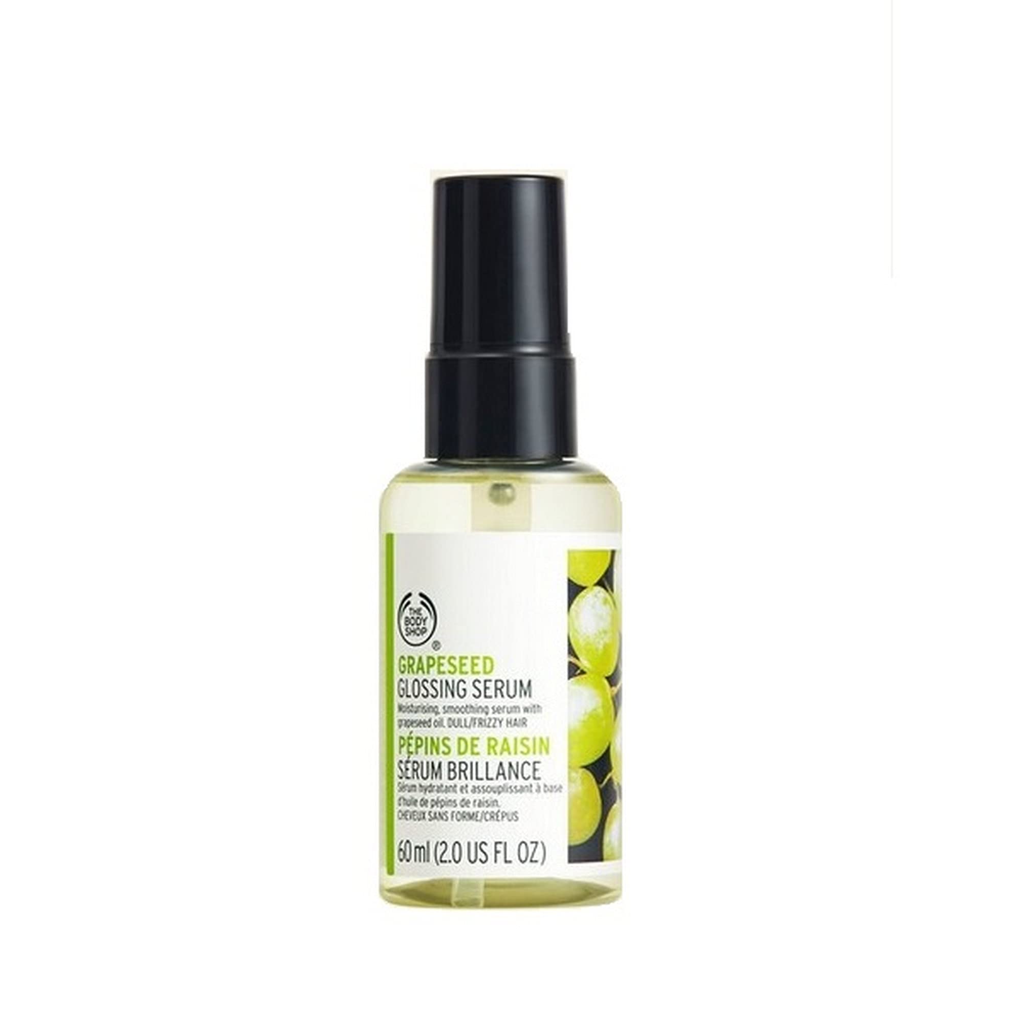 The Body Shop Grapeseed Glossing Serum clear bottle provides a glossy shine for dull hair