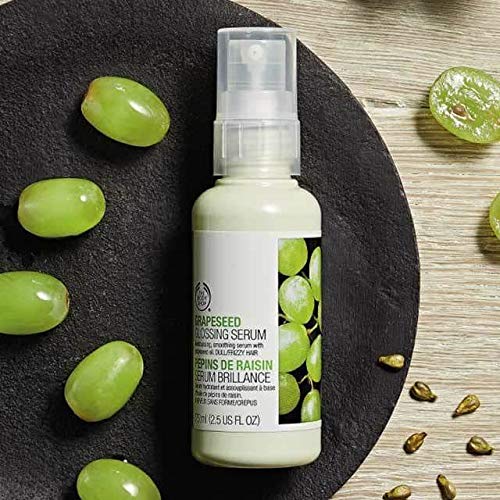 The Body Shop Grapeseed Glossing Serum close-up highlights silky-smooth shine after use