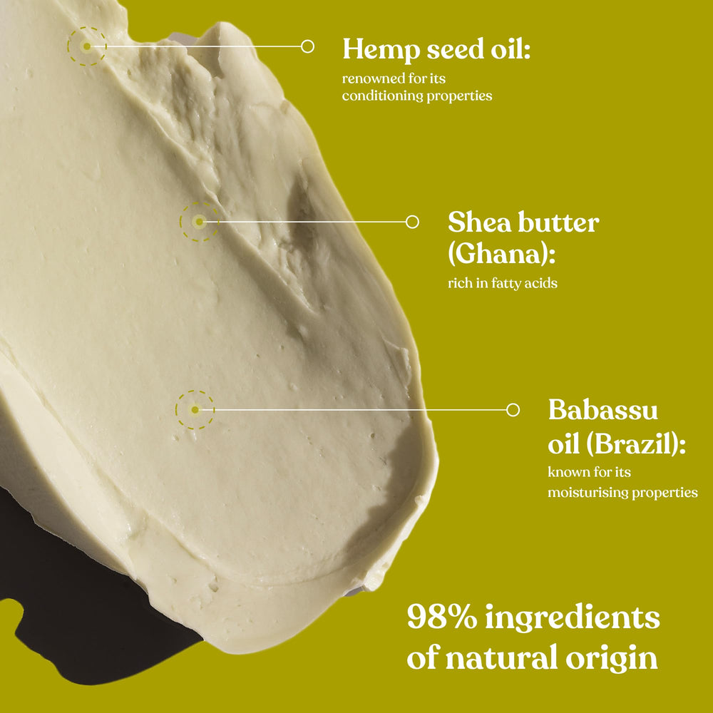 Ingredients spotlight: hemp seed oil and shea butter sourced via Community Trade programs.