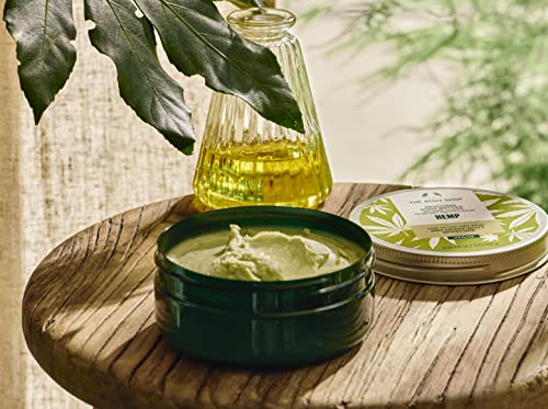The Body Shop Hemp Body Moisturizer texture close-up reveals rich, nourishing cream.