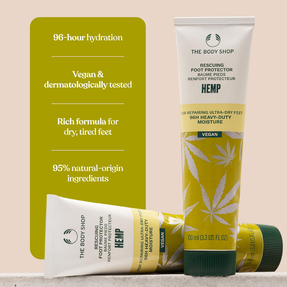 The Body Shop Hemp Foot Protector being applied to heels in a close-up shot.