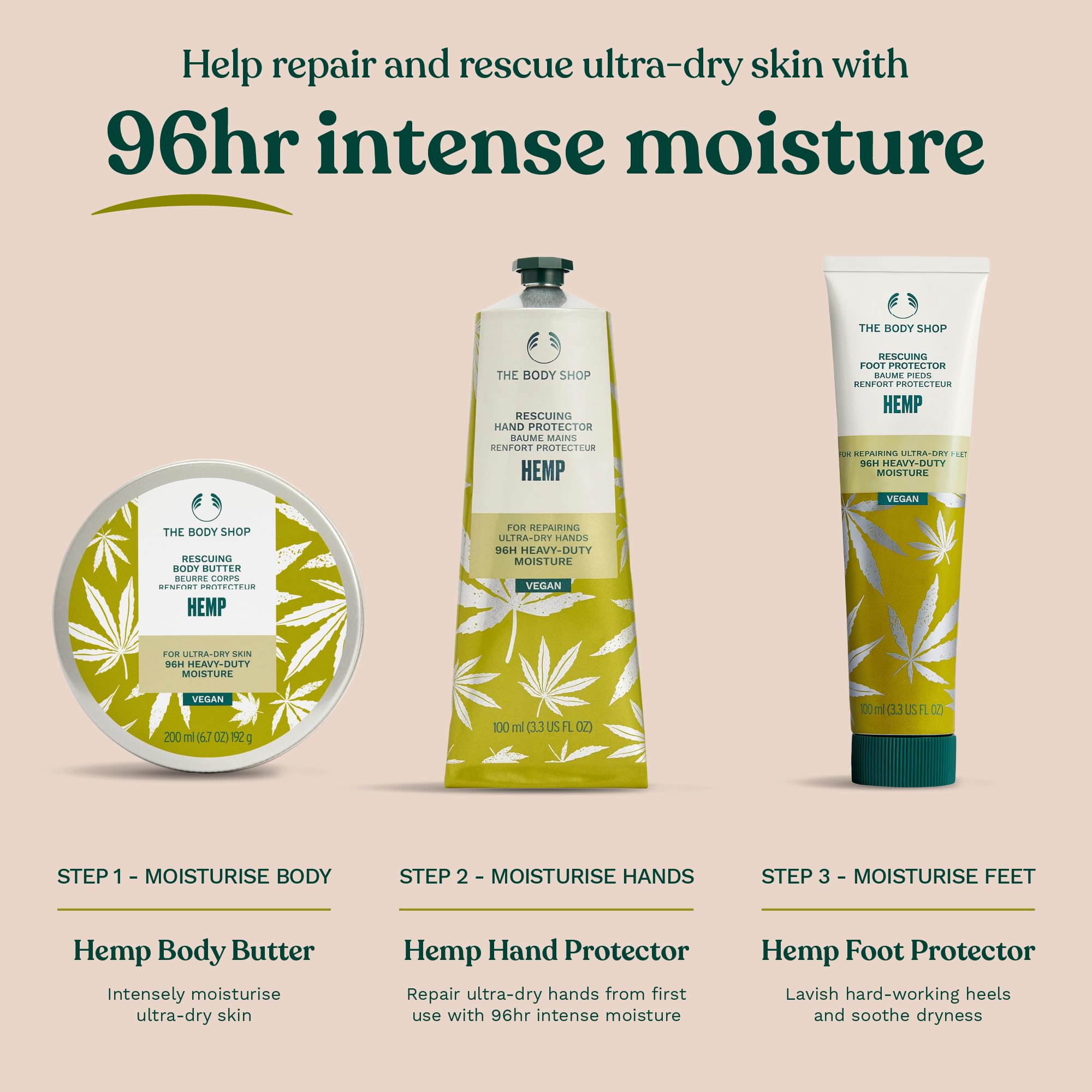 The Body Shop Hemp Foot Protector packaging shown for 3.5 oz.