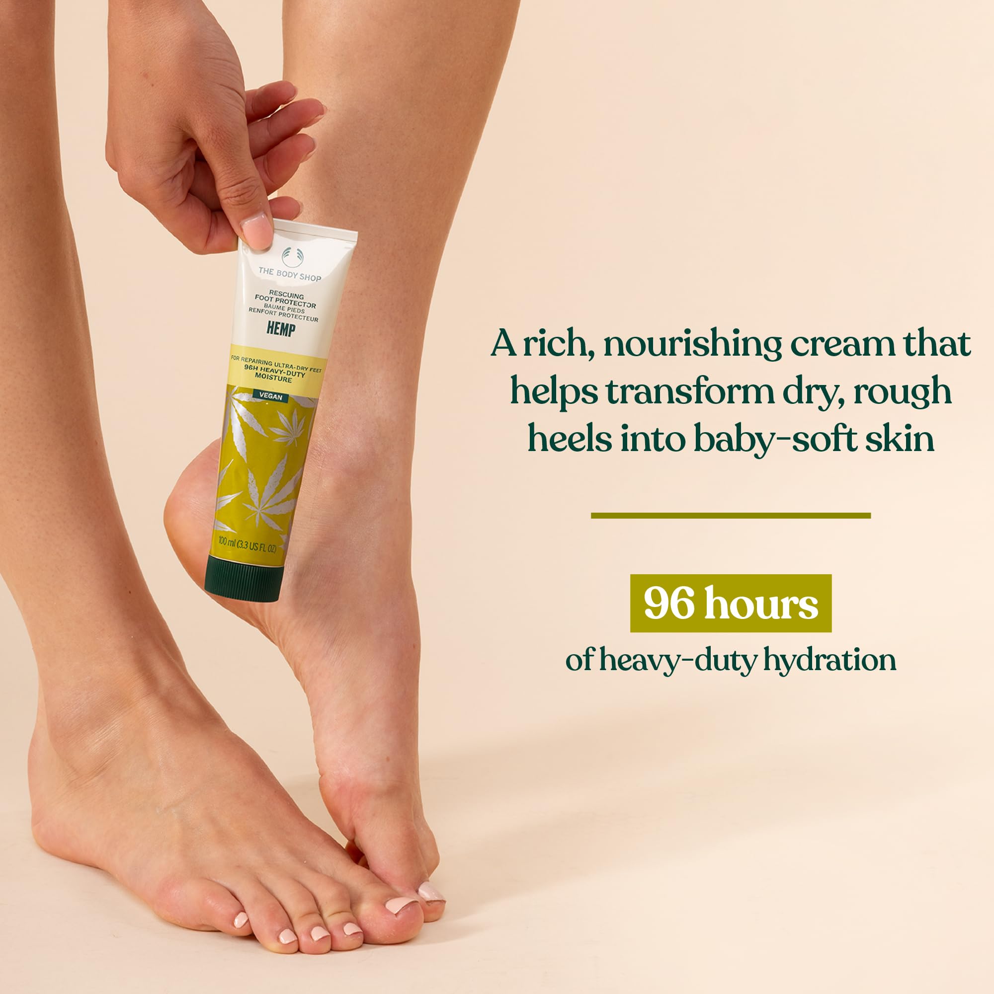The Body Shop Hemp Foot Protector close-up shows softer-feel feet potential after use.