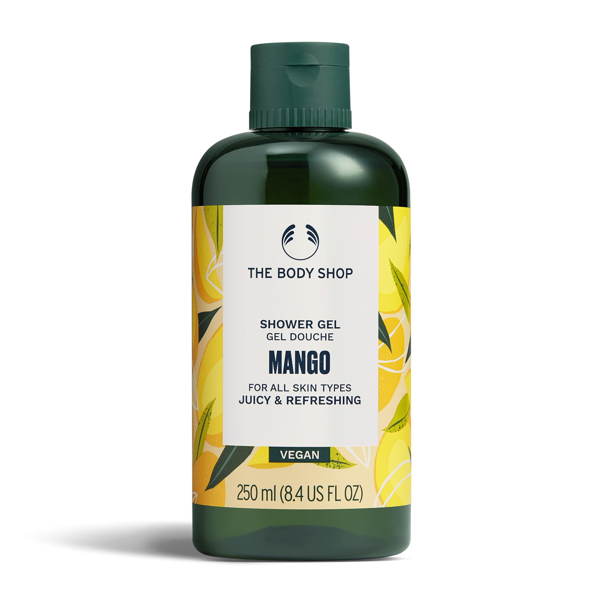 The Body Shop Mango Shower Gel bottle showcases vibrant mango scent for a refreshing morning ritual.