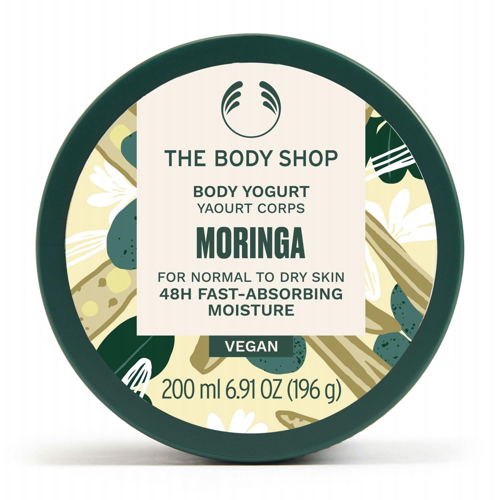 The Body Shop Moringa Body Yogurt jar closeup showing lightweight texture for quick hydration