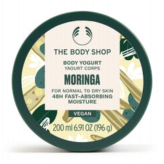 The Body Shop Moringa Body Yogurt jar closeup showing lightweight texture for quick hydration