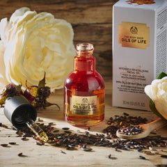 The Body Shop Oils of Life black cumin seed oil detail suggests revitalization for dry skin.