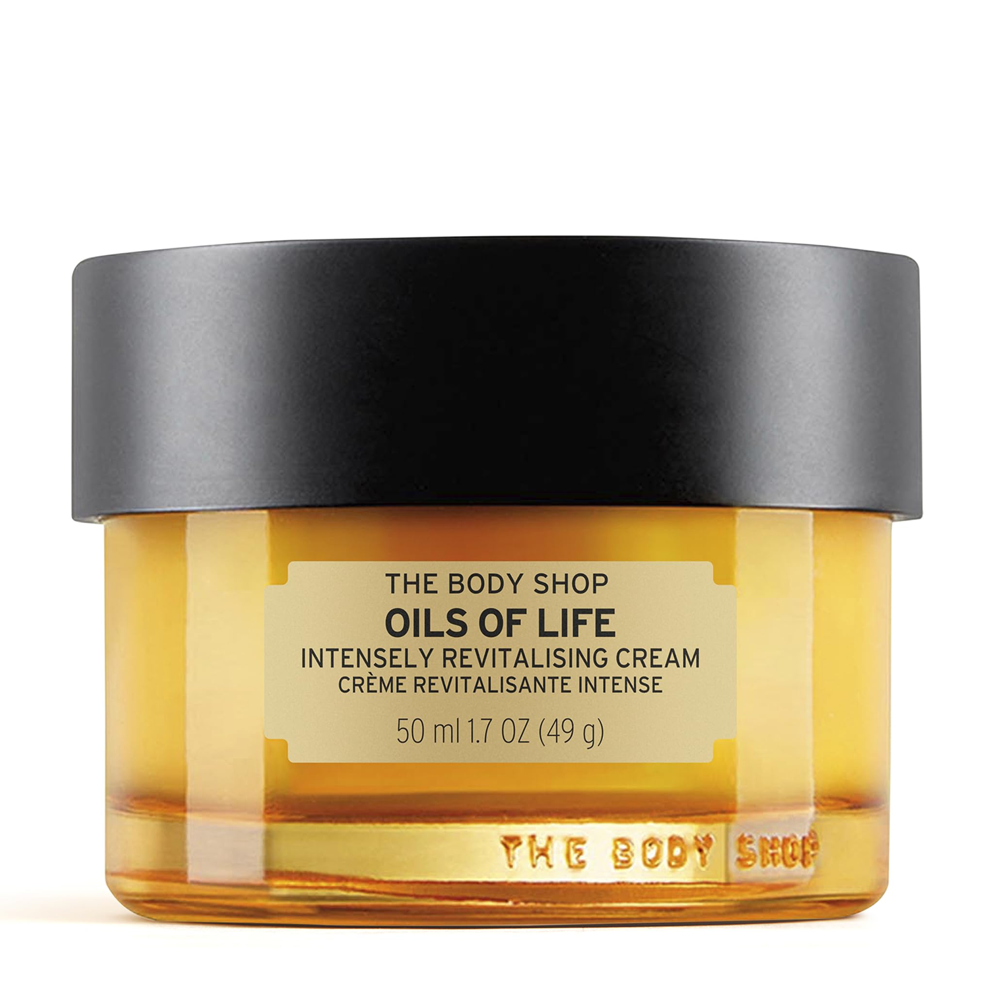 The Body Shop Oils of Life cream jar close-up, rich texture for daily hydration.