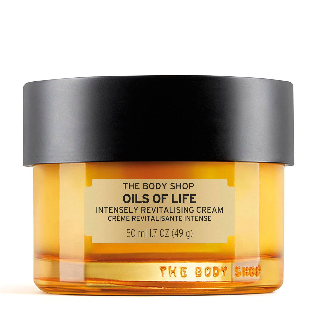The Body Shop Oils of Life cream jar close-up, rich texture for daily hydration.