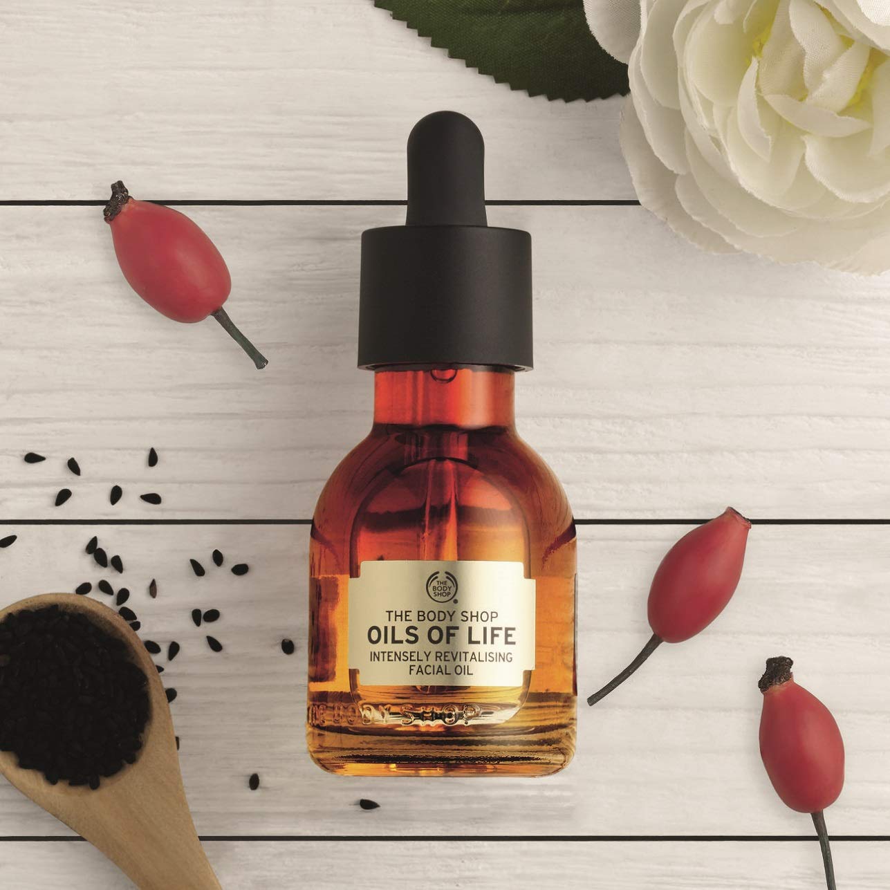 The Body Shop Oils of Life rosehip seed oil focus indicates replenishing moisture.