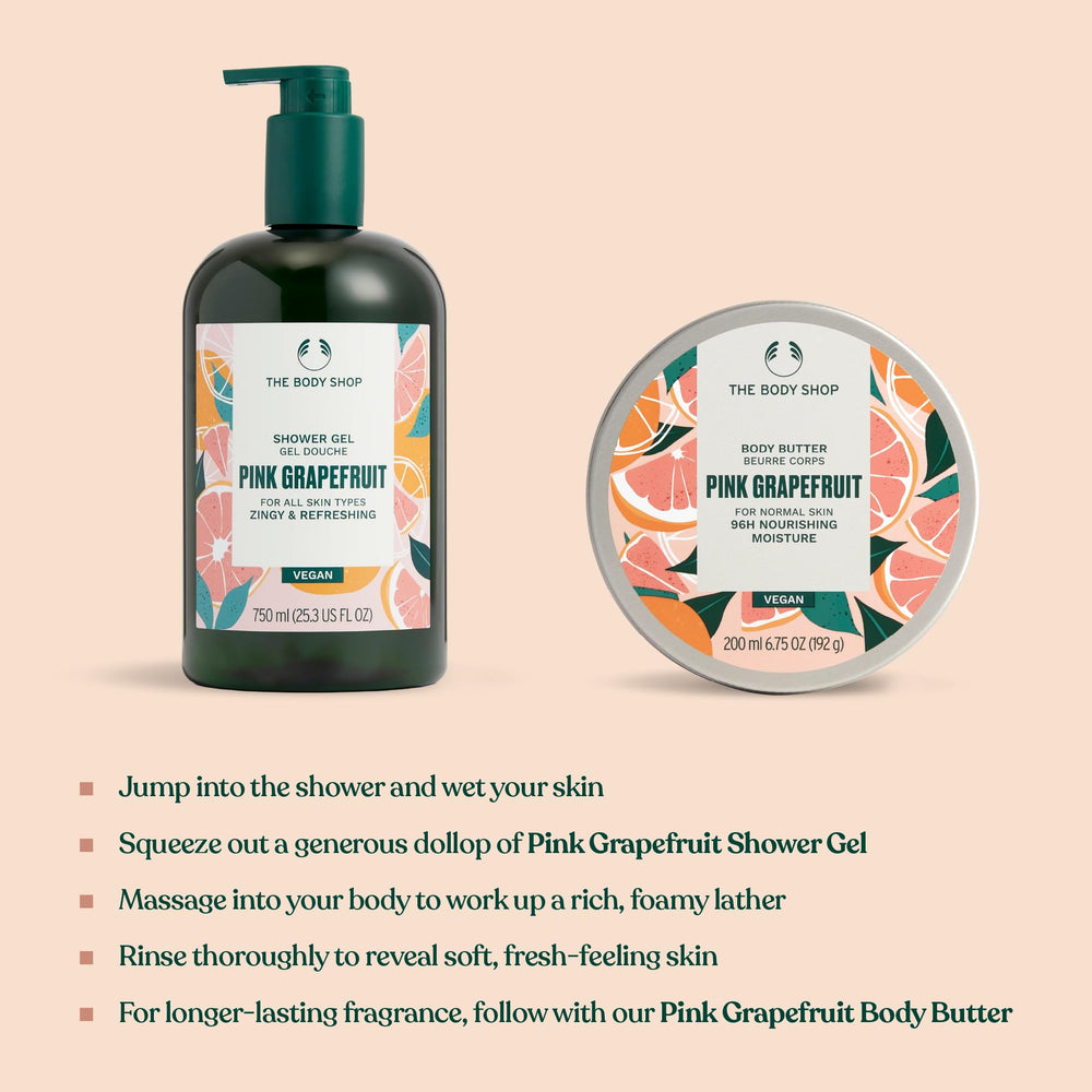 The Body Shop Pink Grapefruit Shower Gel in a bathroom setting for daily use.