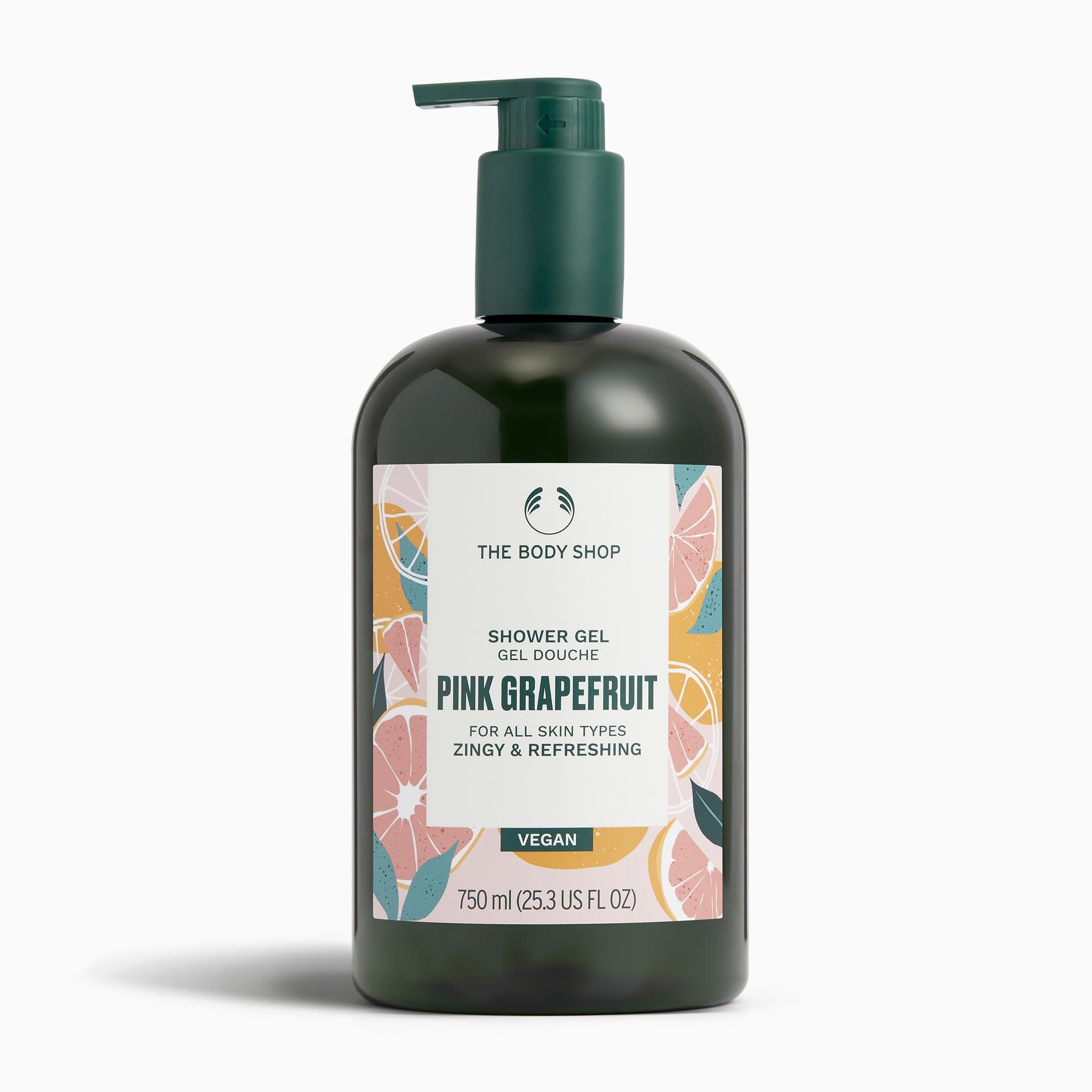 The Body Shop Pink Grapefruit Shower Gel bottle with refreshing citrus scent for mornings.