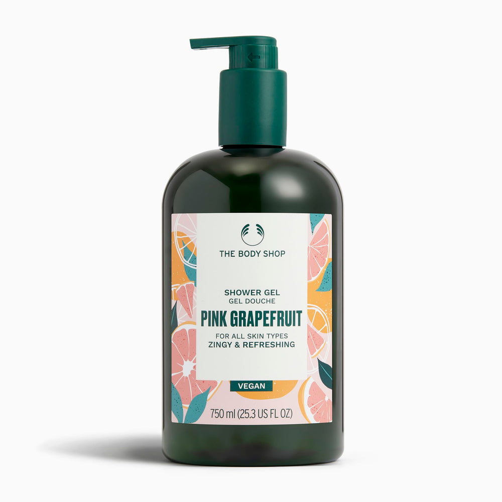 The Body Shop Pink Grapefruit Shower Gel bottle with refreshing citrus scent for mornings.