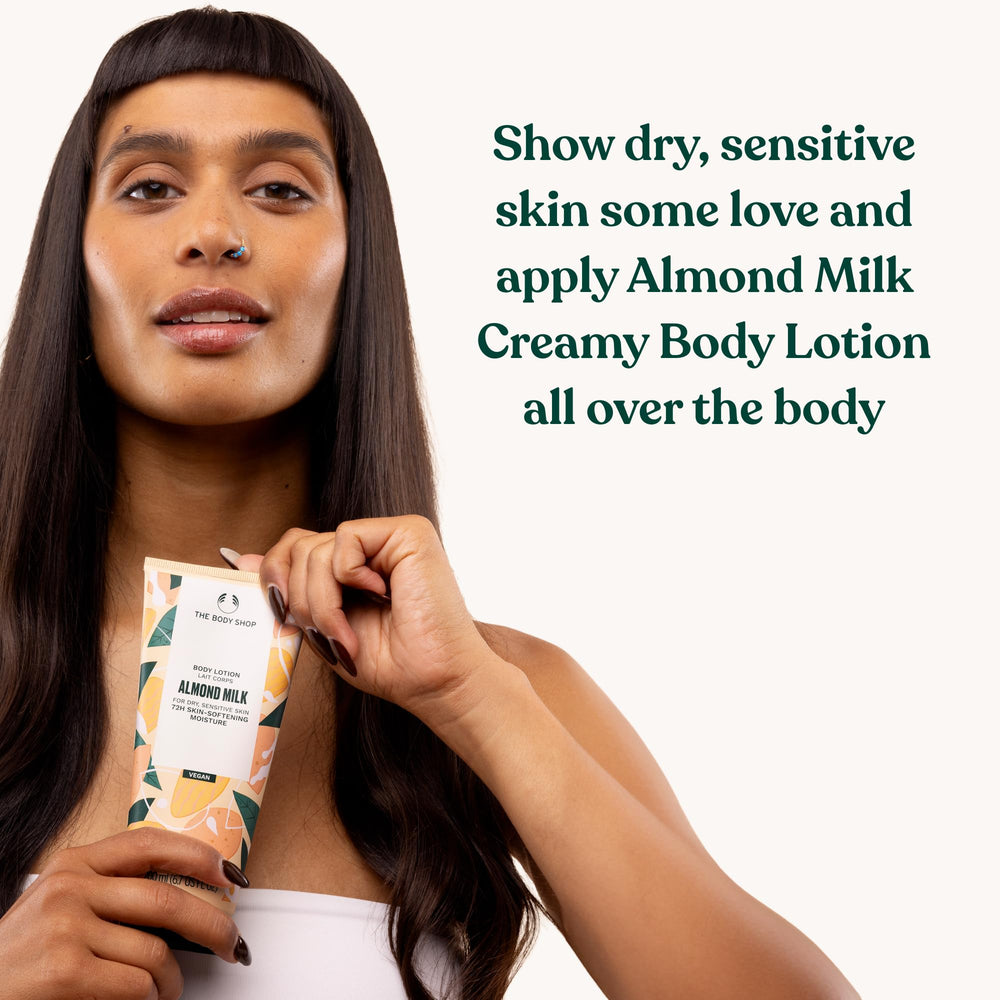 Recycled plastic tube packaging of The Body Shop lotion reducing waste.