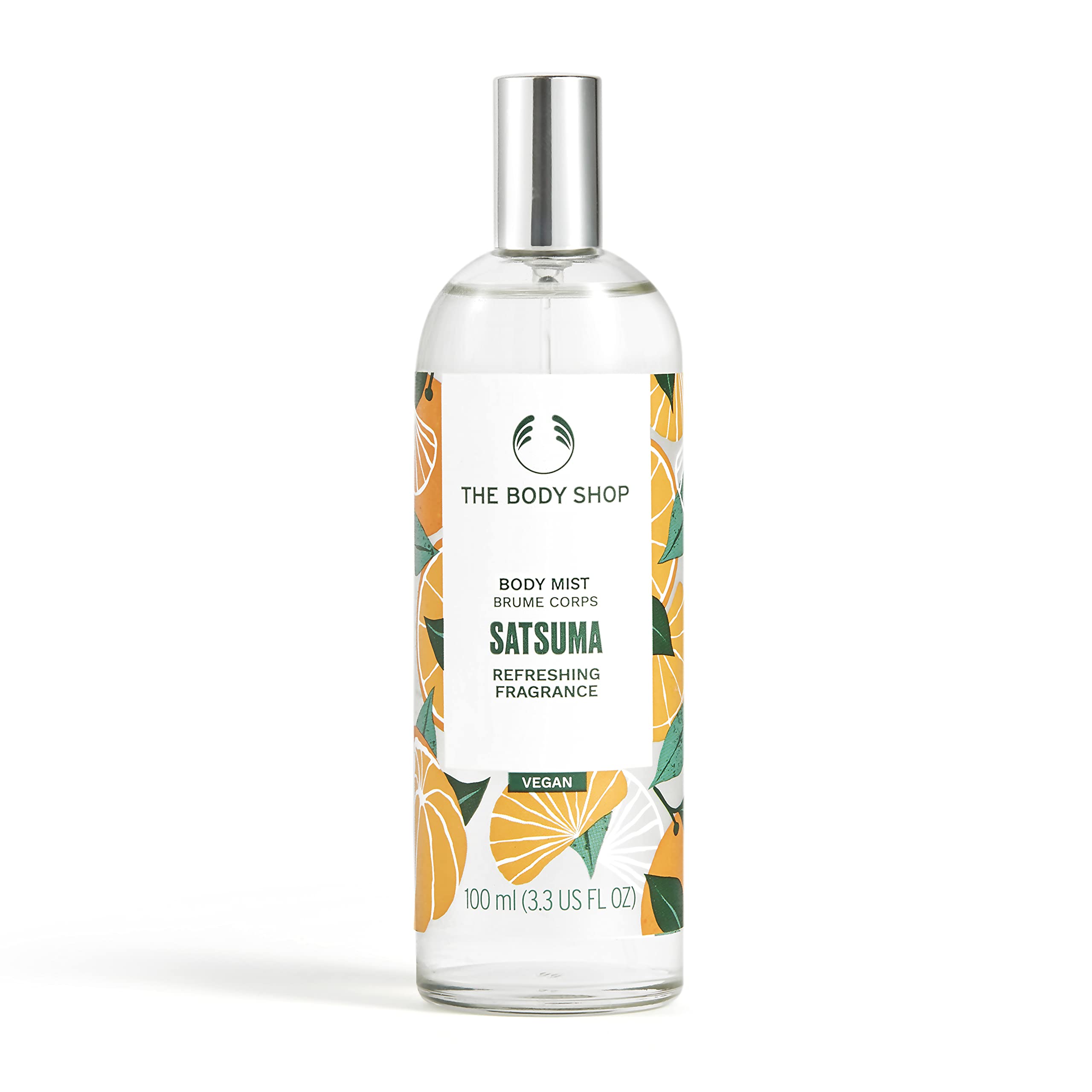 The Body Shop Satsuma Body Mist bottle delivers citrus freshness for a quick pick-me-up.