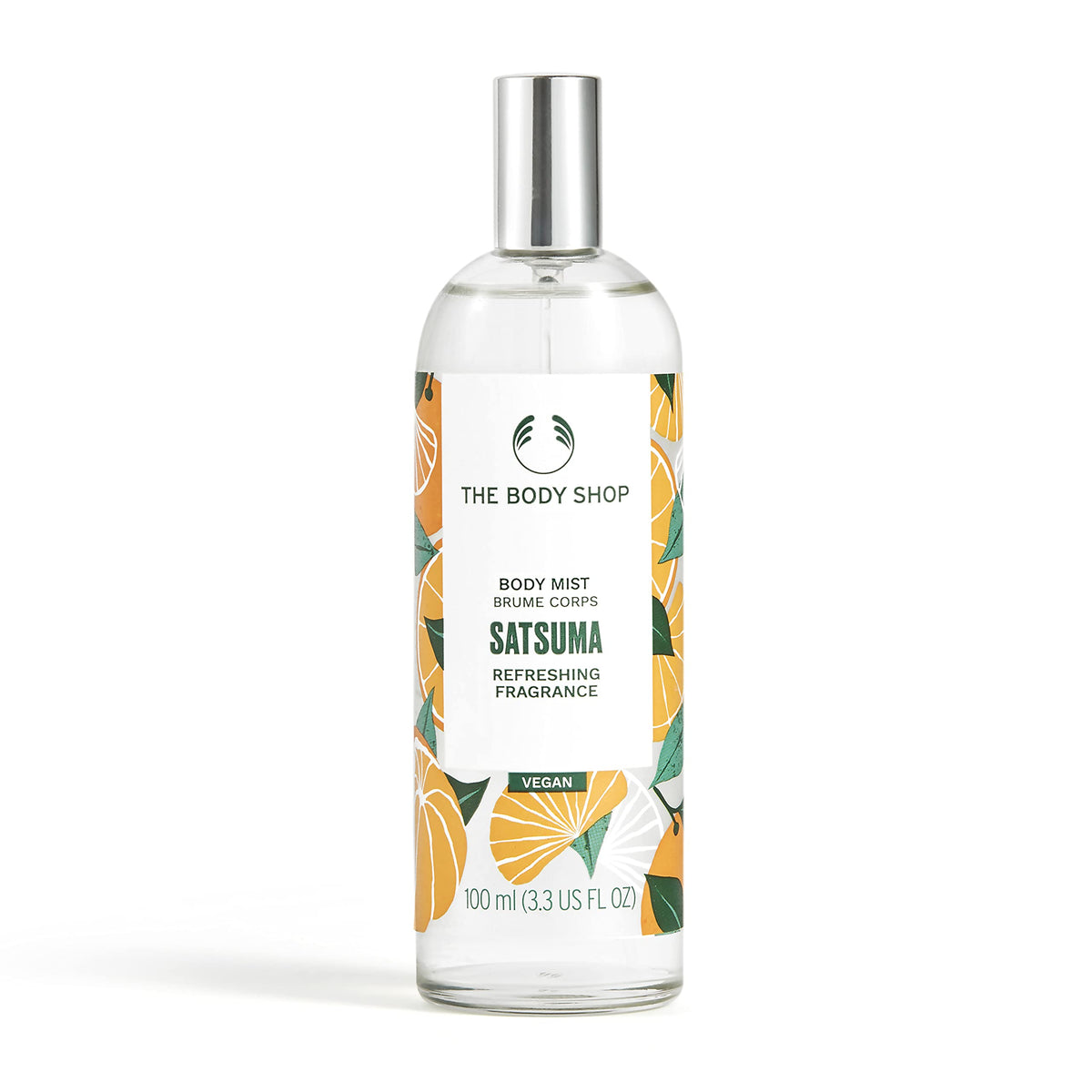 The Body Shop Satsuma Body Mist bottle delivers citrus freshness for a quick pick-me-up.