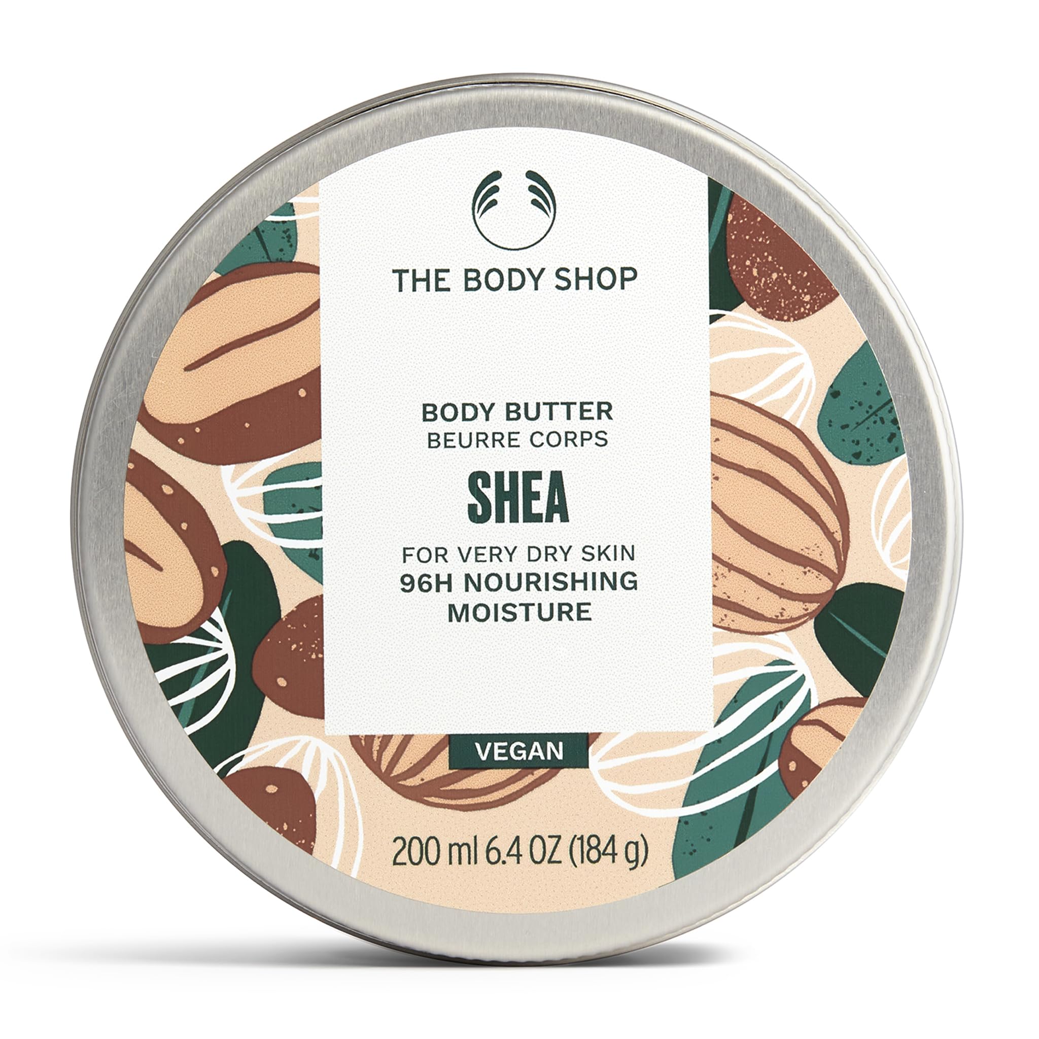 The Body Shop Shea Body Butter jar closeup shows rich moisture for very dry skin.
