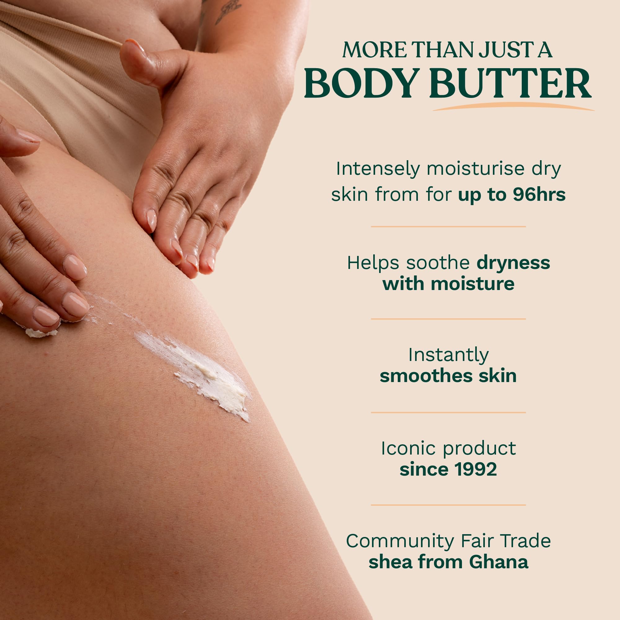 The Body Shop Community Fair Trade shea butter from Ghana signals ethical sourcing.