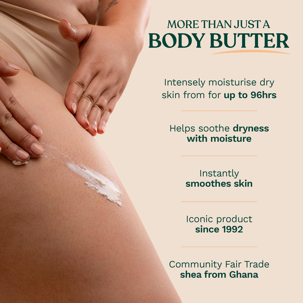The Body Shop Community Fair Trade shea butter from Ghana signals ethical sourcing.