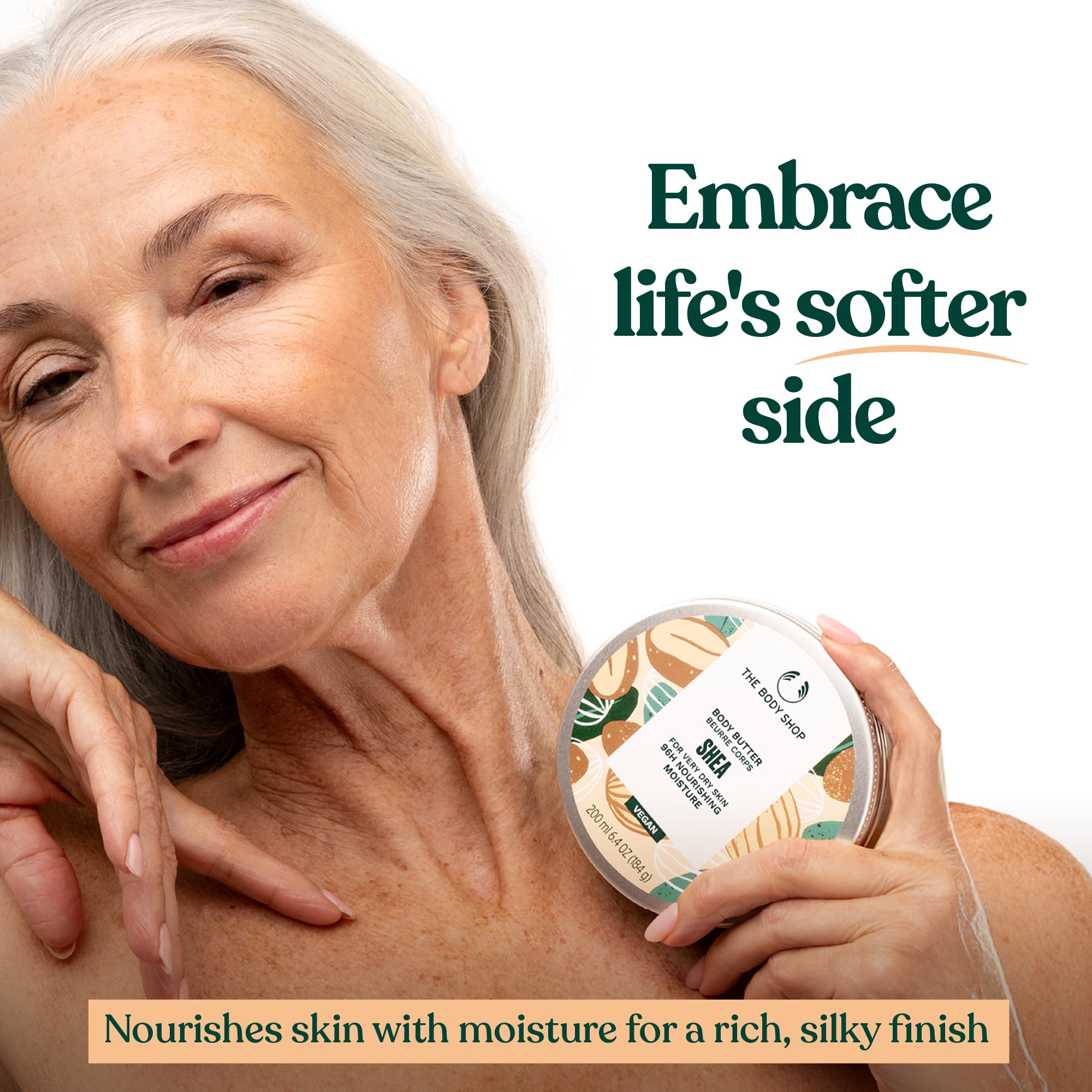 The Body Shop 100% recycled plastic tub highlights sustainable packaging.