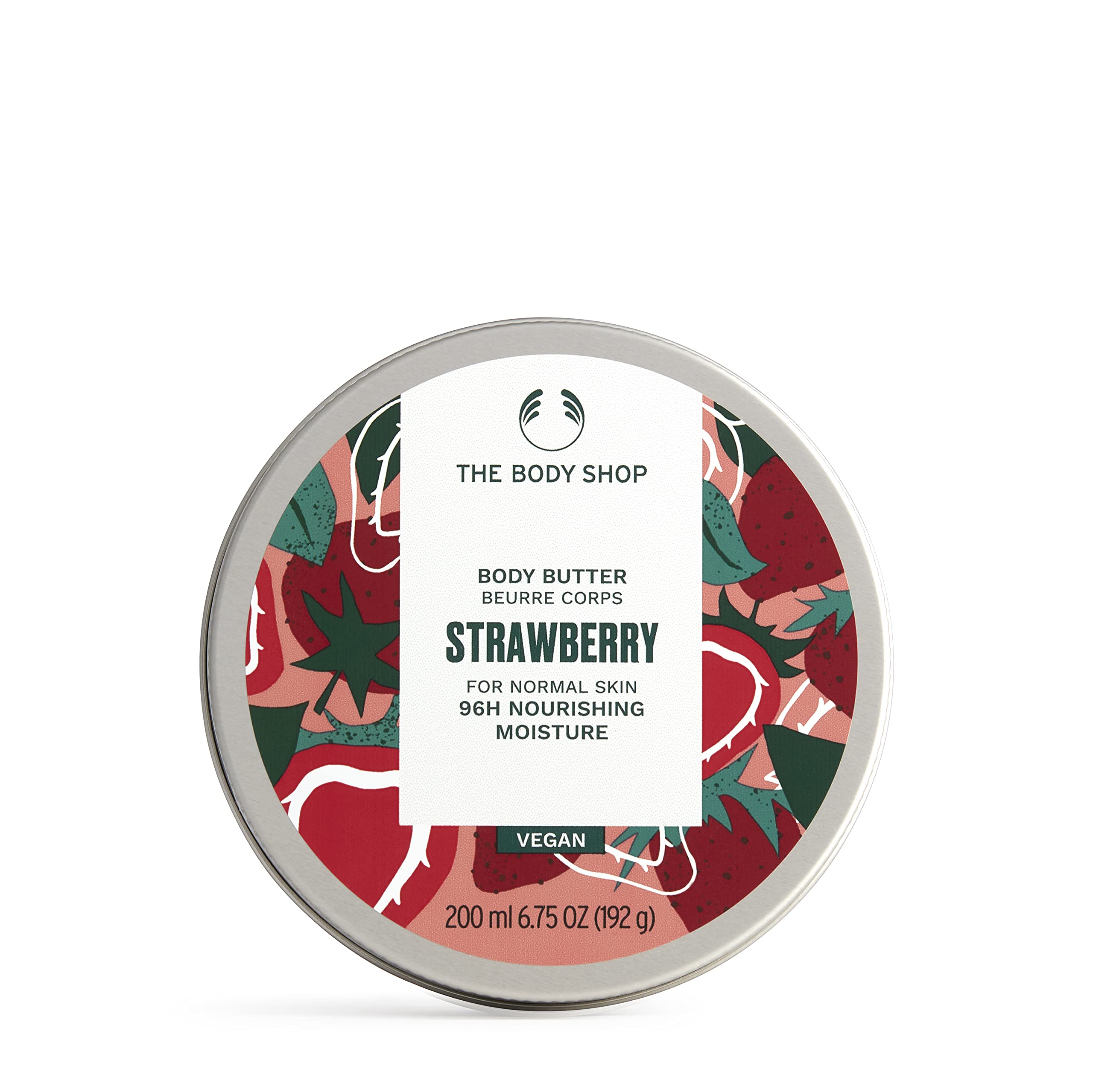The Body Shop Strawberry Body Butter jar close-up showing creamy texture for nourished skin.