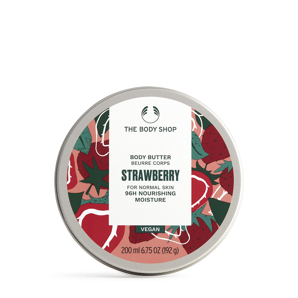 The Body Shop Strawberry Body Butter jar close-up showing creamy texture for nourished skin.