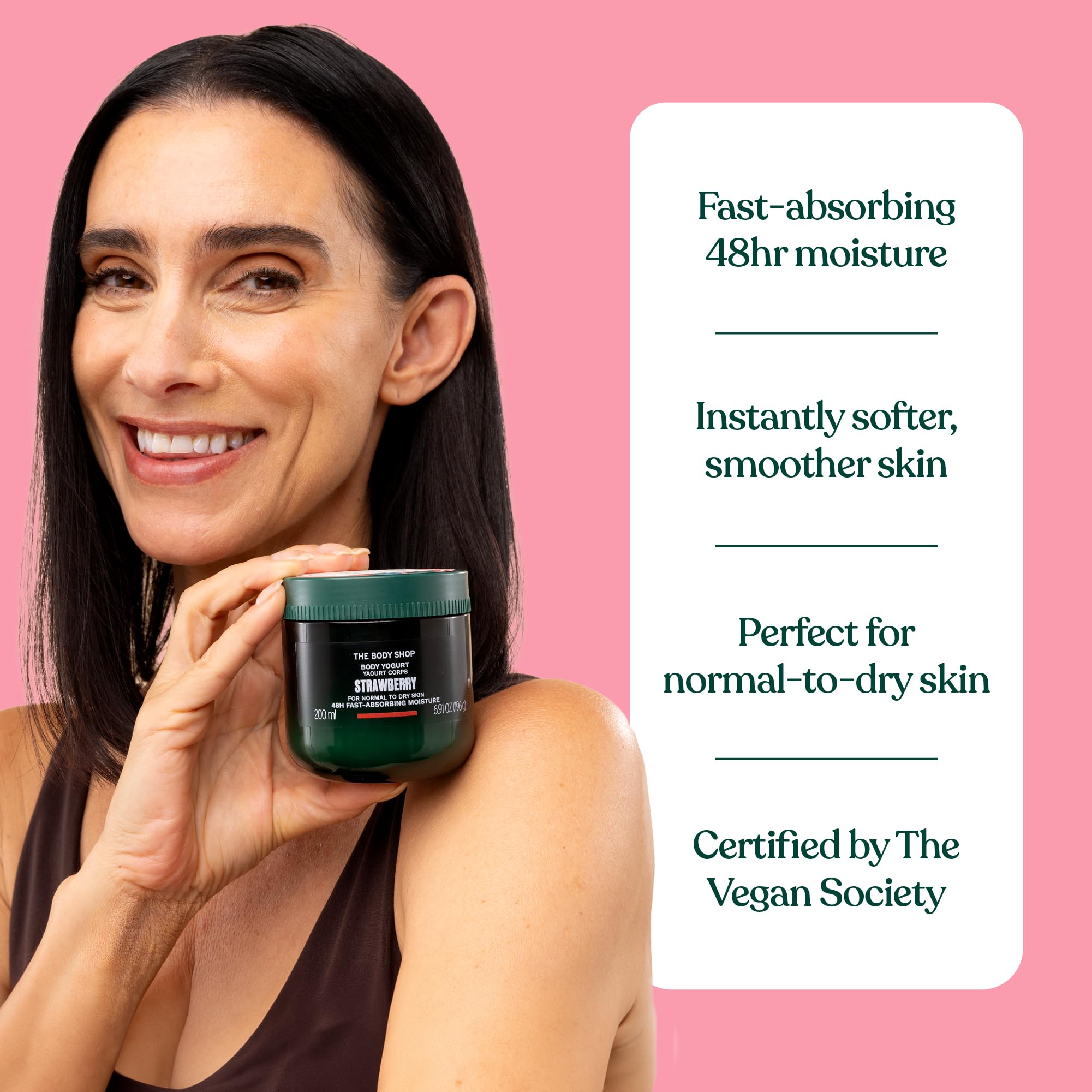 The Body Shop Strawberry Body Yogurt 6.91 fl oz packaging highlights generous container.