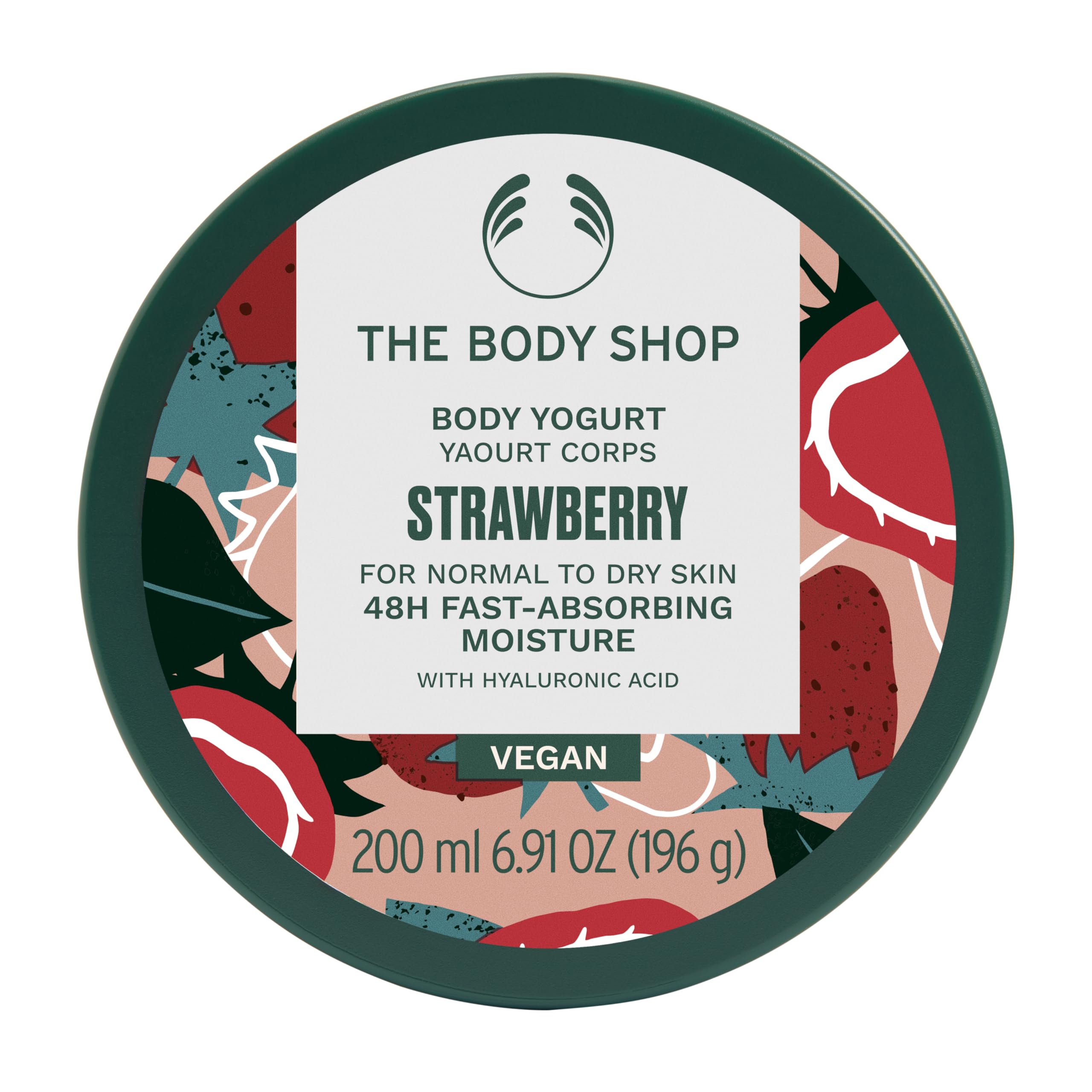 The Body Shop Strawberry Body Yogurt bottle closeup shows fast absorption and fruity aroma.