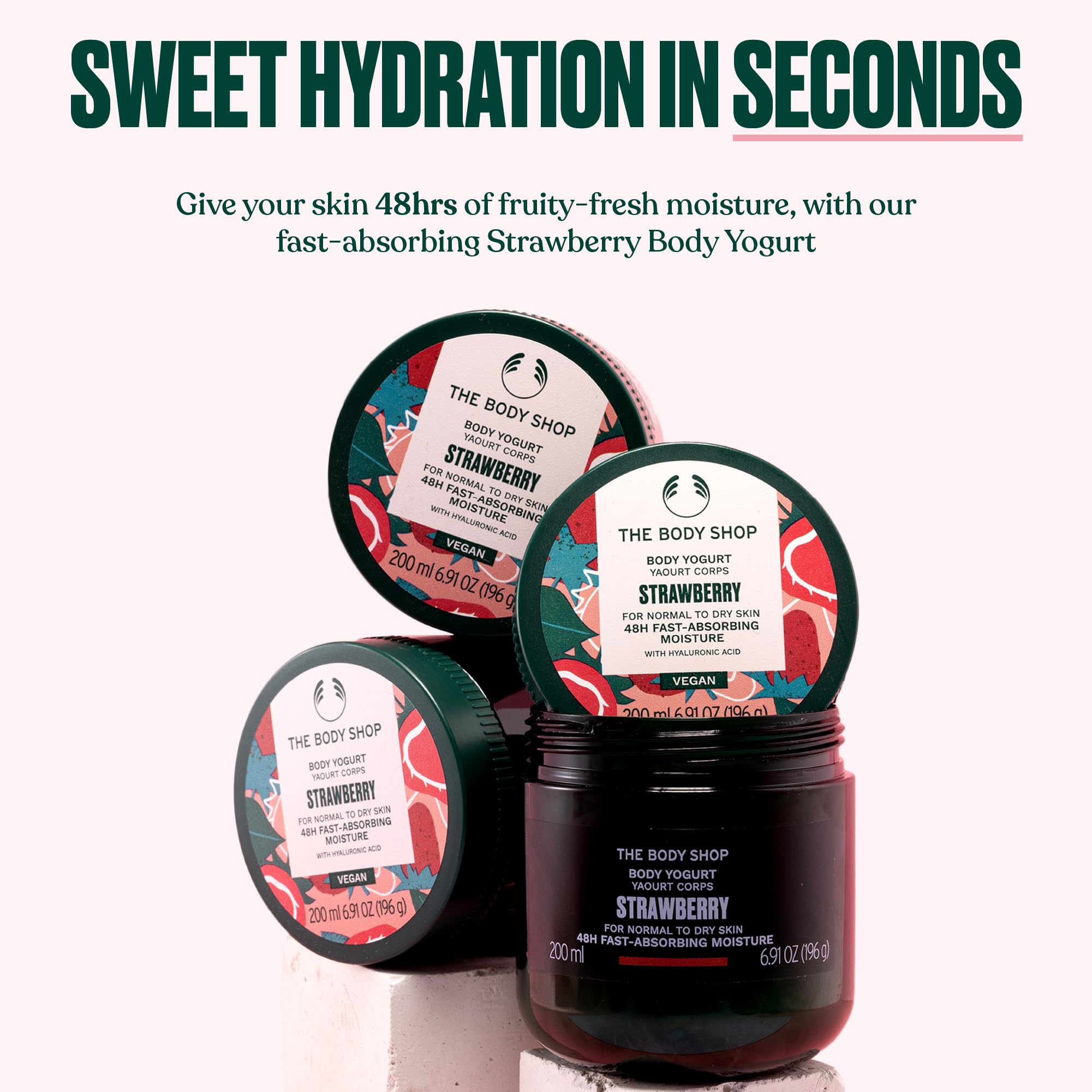 The Body Shop Strawberry Body Yogurt damp-skin application demonstrates instant melt-in absorption.