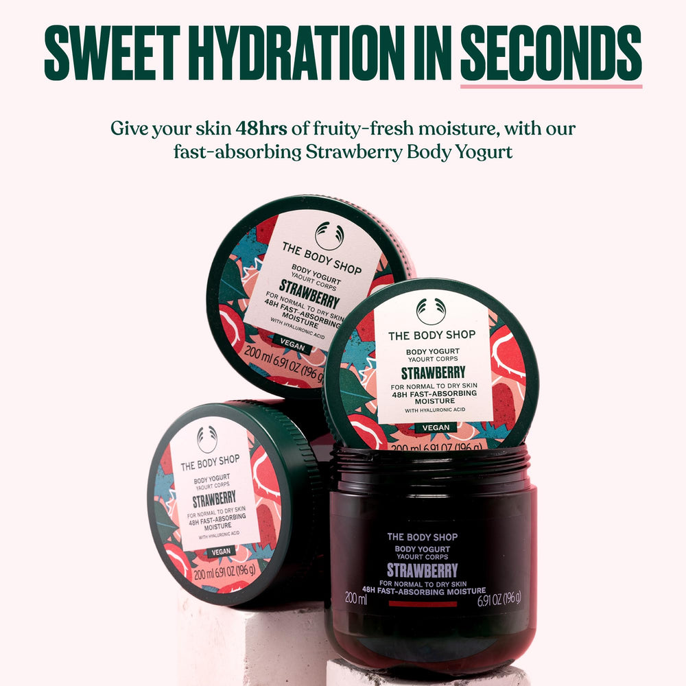 The Body Shop Strawberry Body Yogurt damp-skin application demonstrates instant melt-in absorption.
