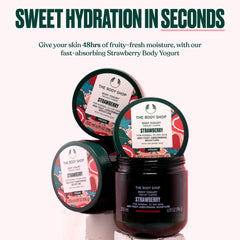 The Body Shop Strawberry Body Yogurt damp-skin application demonstrates instant melt-in absorption.