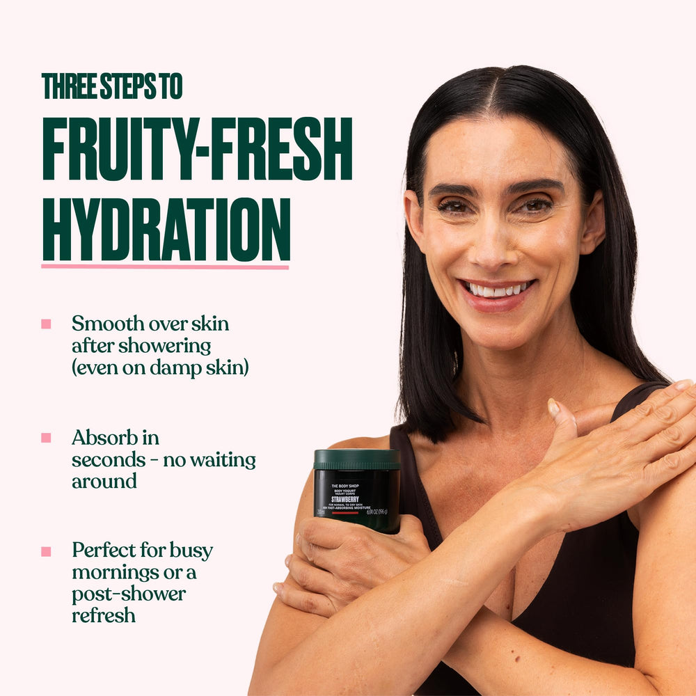 The Body Shop Strawberry Body Yogurt quick-absorption gel-cream focus.