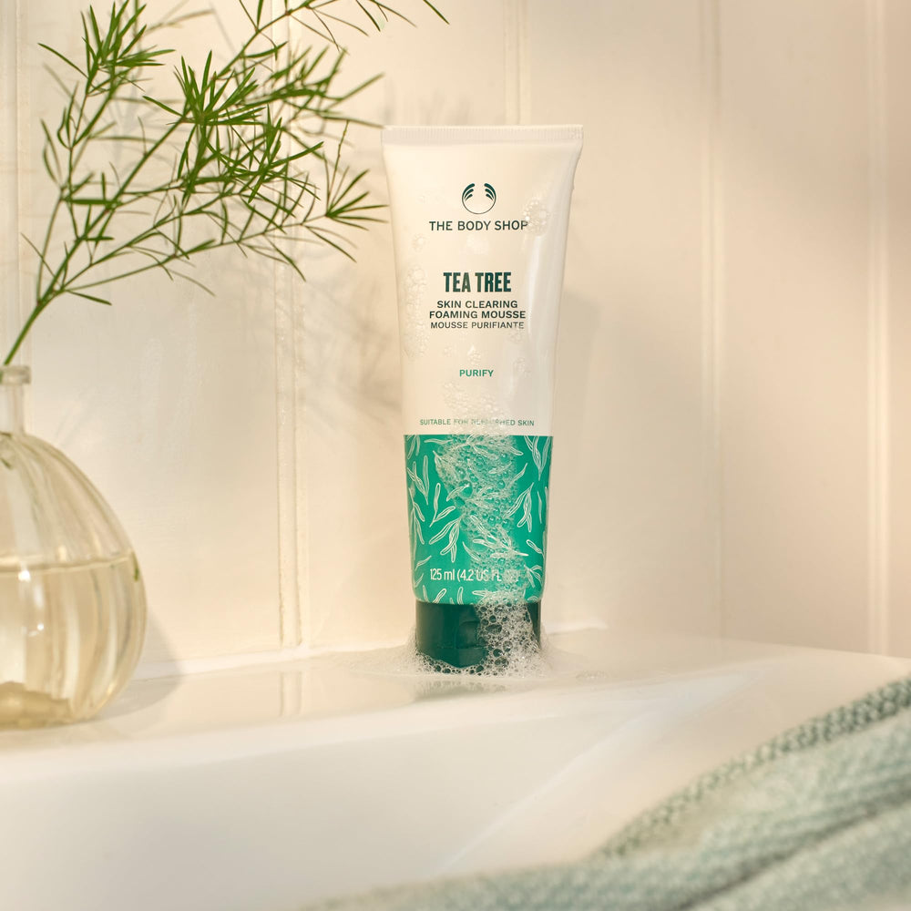 The Body Shop Tea Tree blemish-prone skin portrait suggests a refreshing cleanse for oily skin.