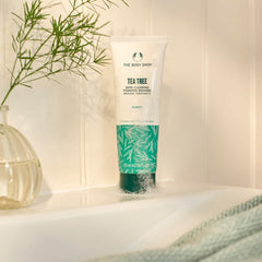The Body Shop Tea Tree blemish-prone skin portrait suggests a refreshing cleanse for oily skin.