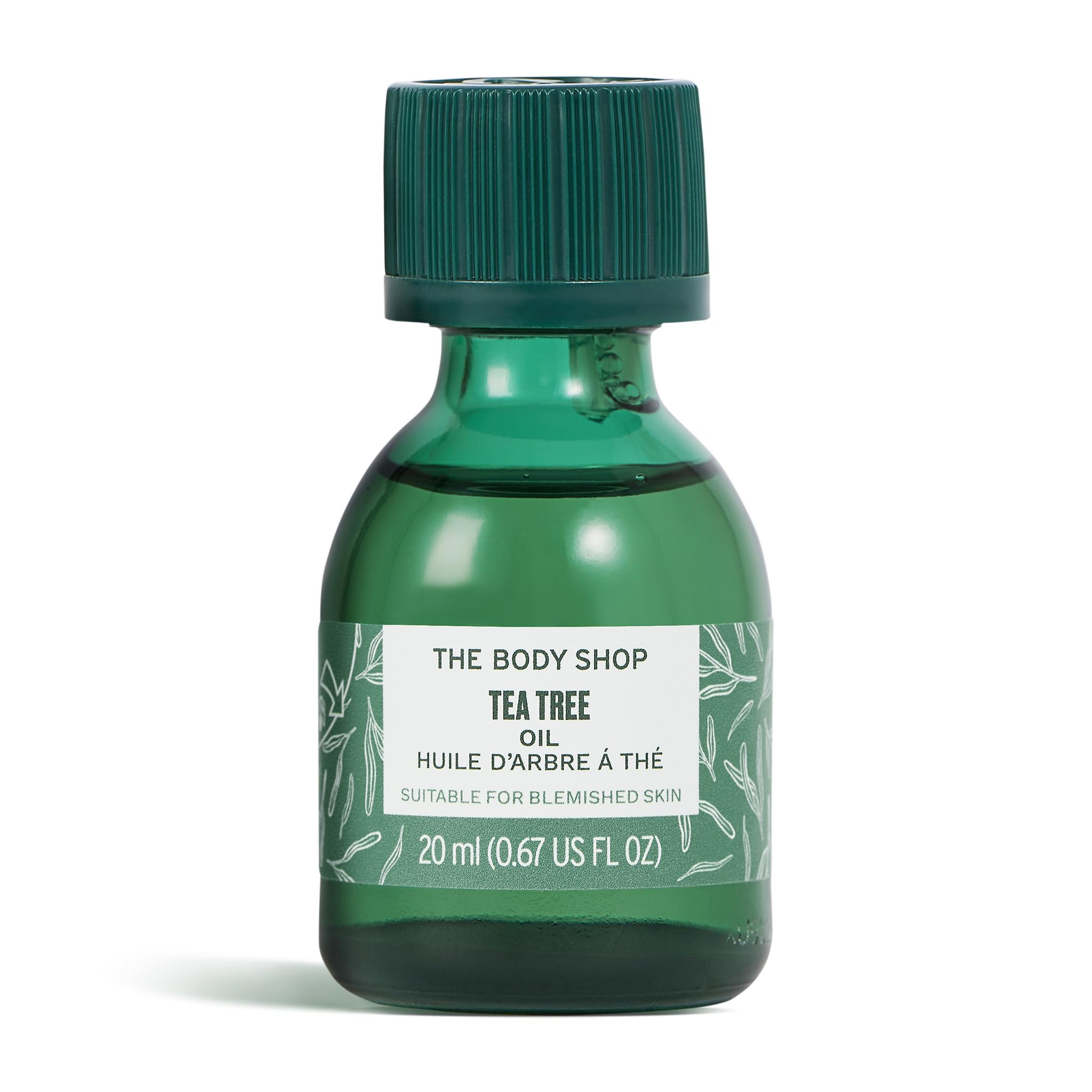 The Body Shop Tea Tree Oil bottle close-up for blemish-prone skin support