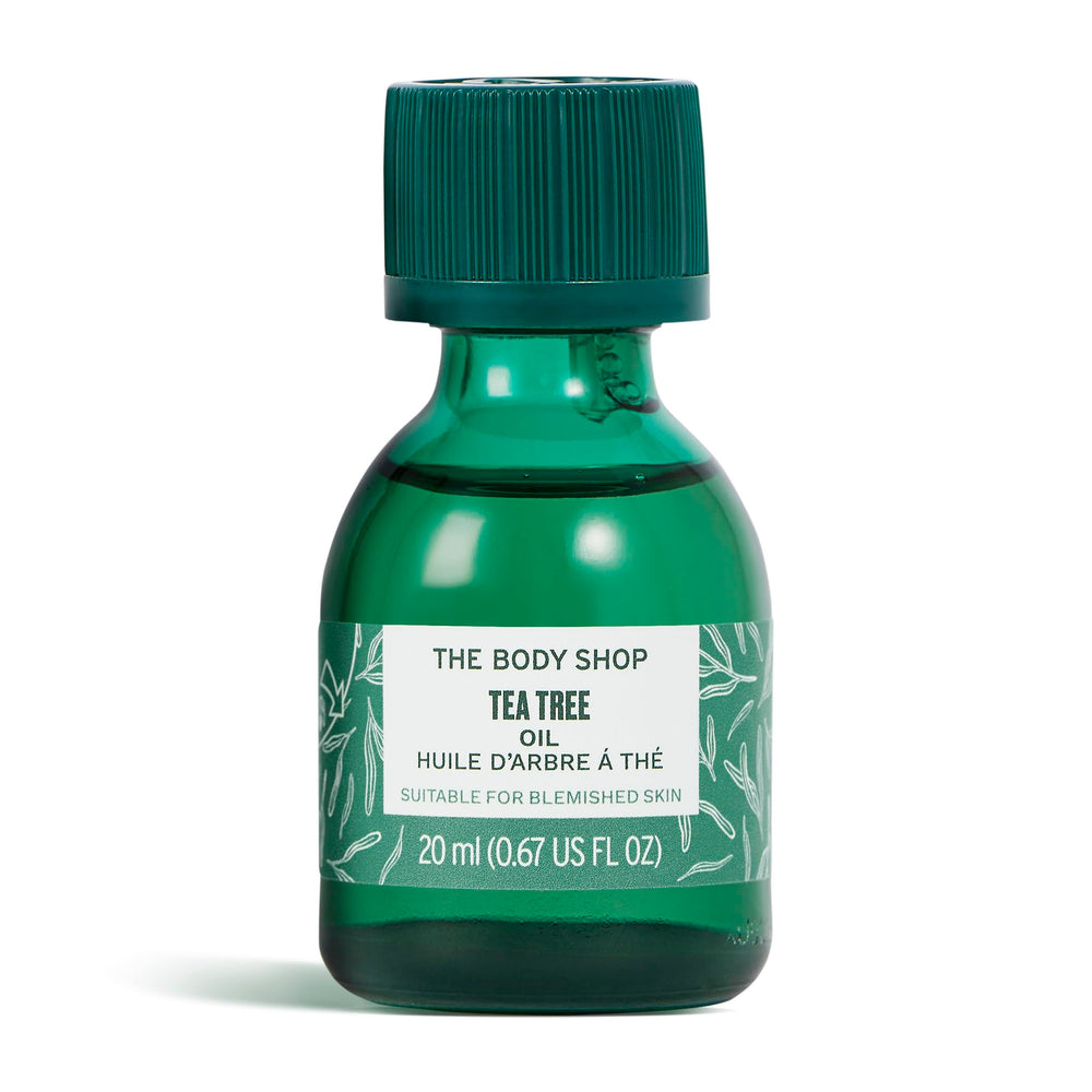 The Body Shop Tea Tree Oil bottle close-up for blemish-prone skin support