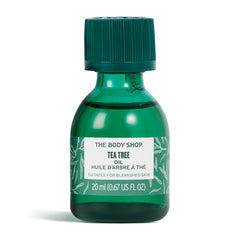 The Body Shop Tea Tree Oil bottle close-up for blemish-prone skin support