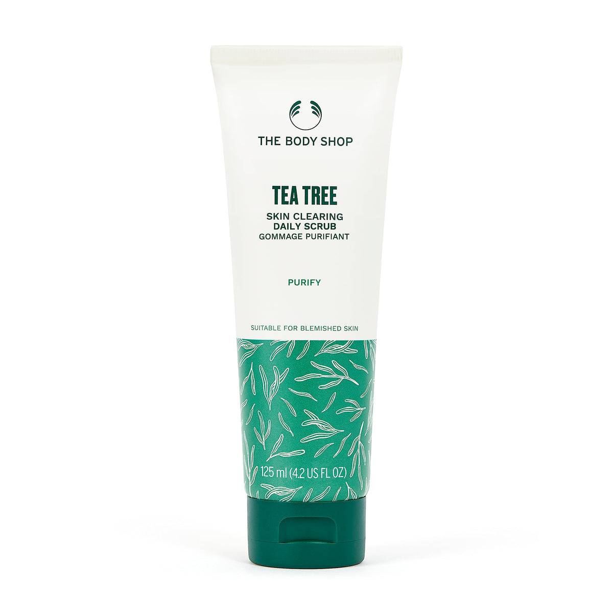 The Body Shop Tea Tree Skin Clearing Daily Scrub bottle closeup with gel texture for blemish-prone skin