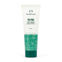 The Body Shop Tea Tree Skin Clearing Daily Scrub bottle closeup with gel texture for blemish-prone skin