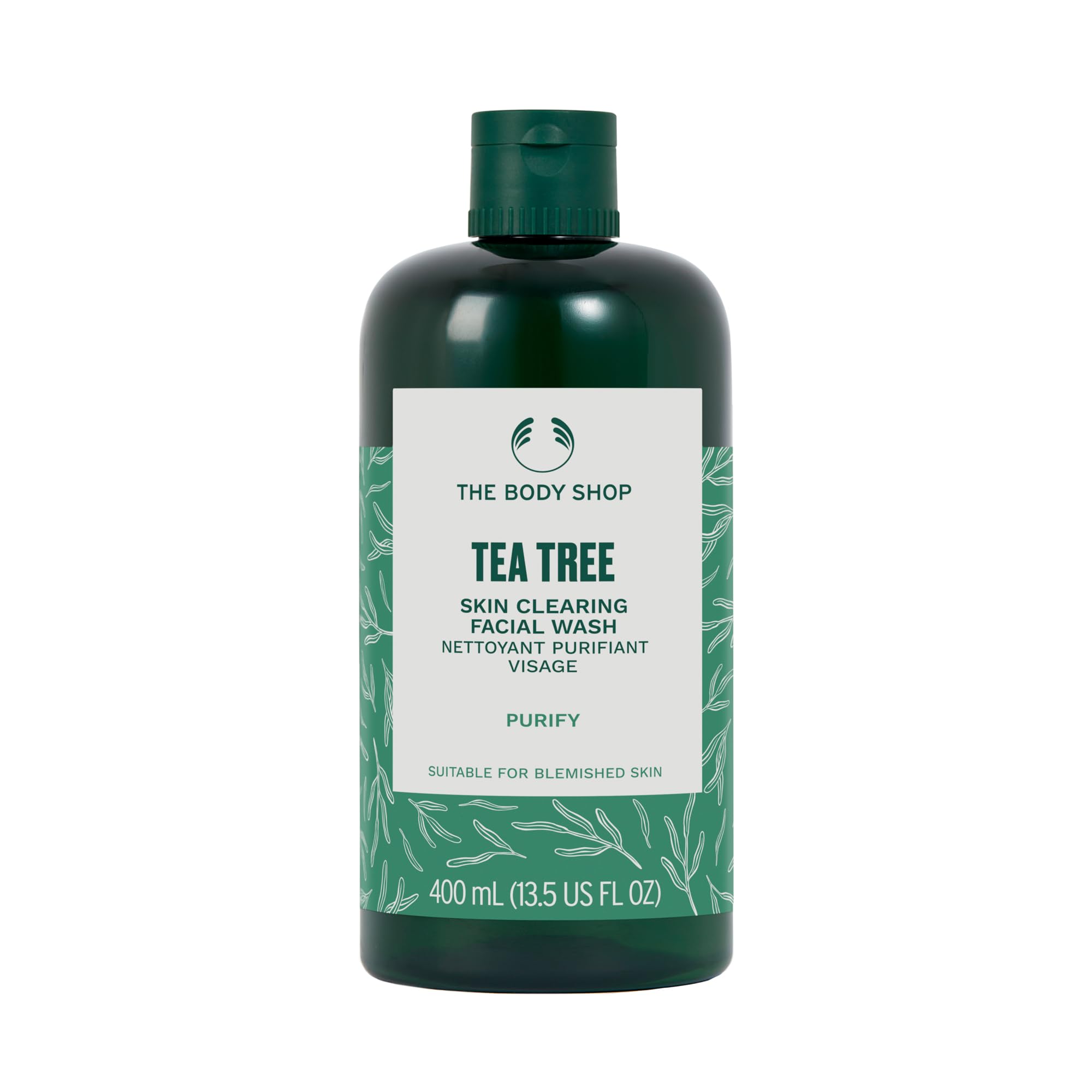 The Body Shop Tea Tree Skin Clearing Facial Wash bottle shows gentle cleansing for clearer skin.