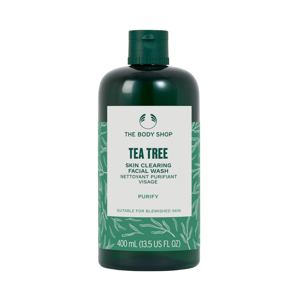 The Body Shop Tea Tree Skin Clearing Facial Wash bottle shows gentle cleansing for clearer skin.