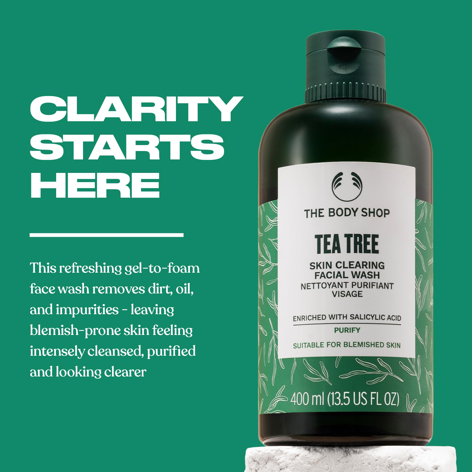 The Body Shop Tea Tree Skin Clearing Facial Wash foaming lather, delivering refreshing cleanse for oil-prone skin.