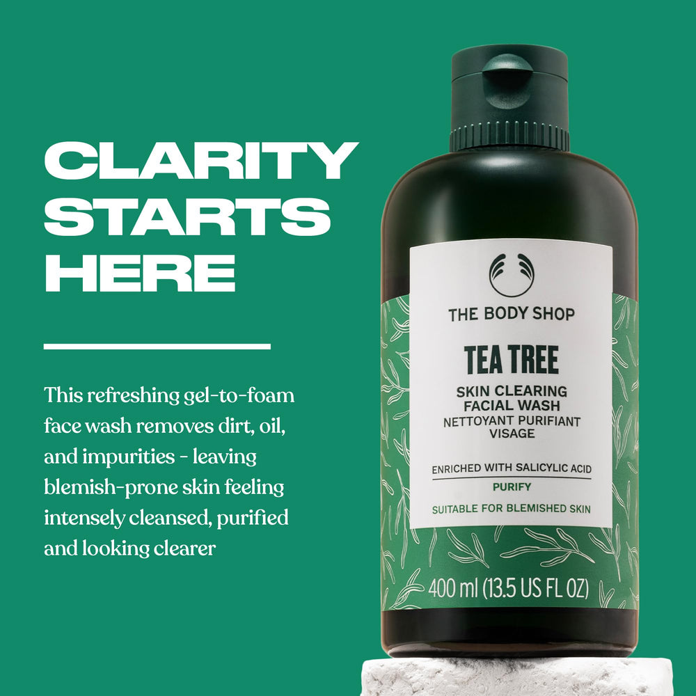 The Body Shop Tea Tree Skin Clearing Facial Wash foaming lather, delivering refreshing cleanse for oil-prone skin.