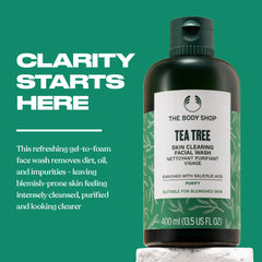 The Body Shop Tea Tree Skin Clearing Facial Wash foaming lather, delivering refreshing cleanse for oil-prone skin.