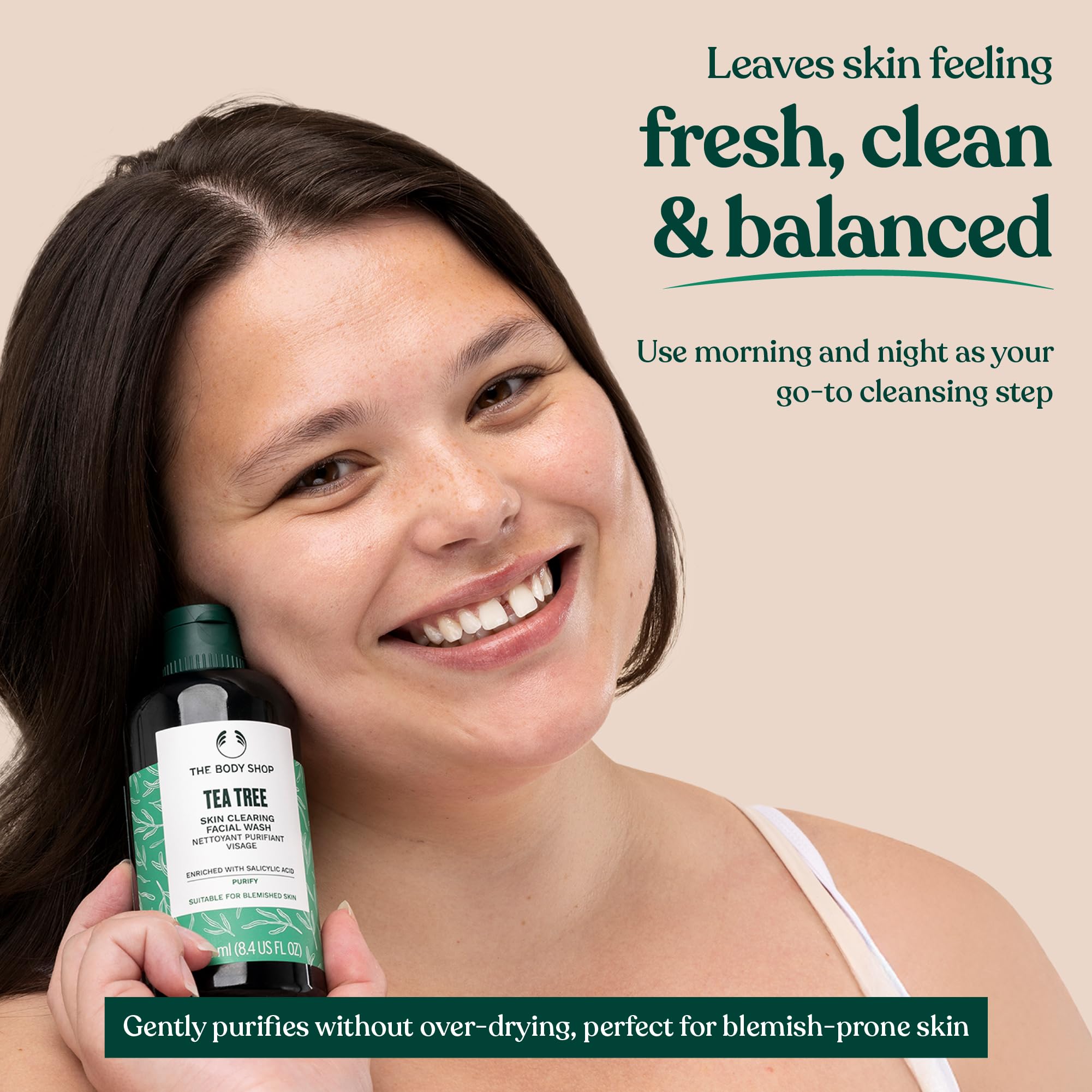 The Body Shop Tea Tree Skin Clearing Facial Wash with Kenyan tea tree oil, offering natural cleansing power.