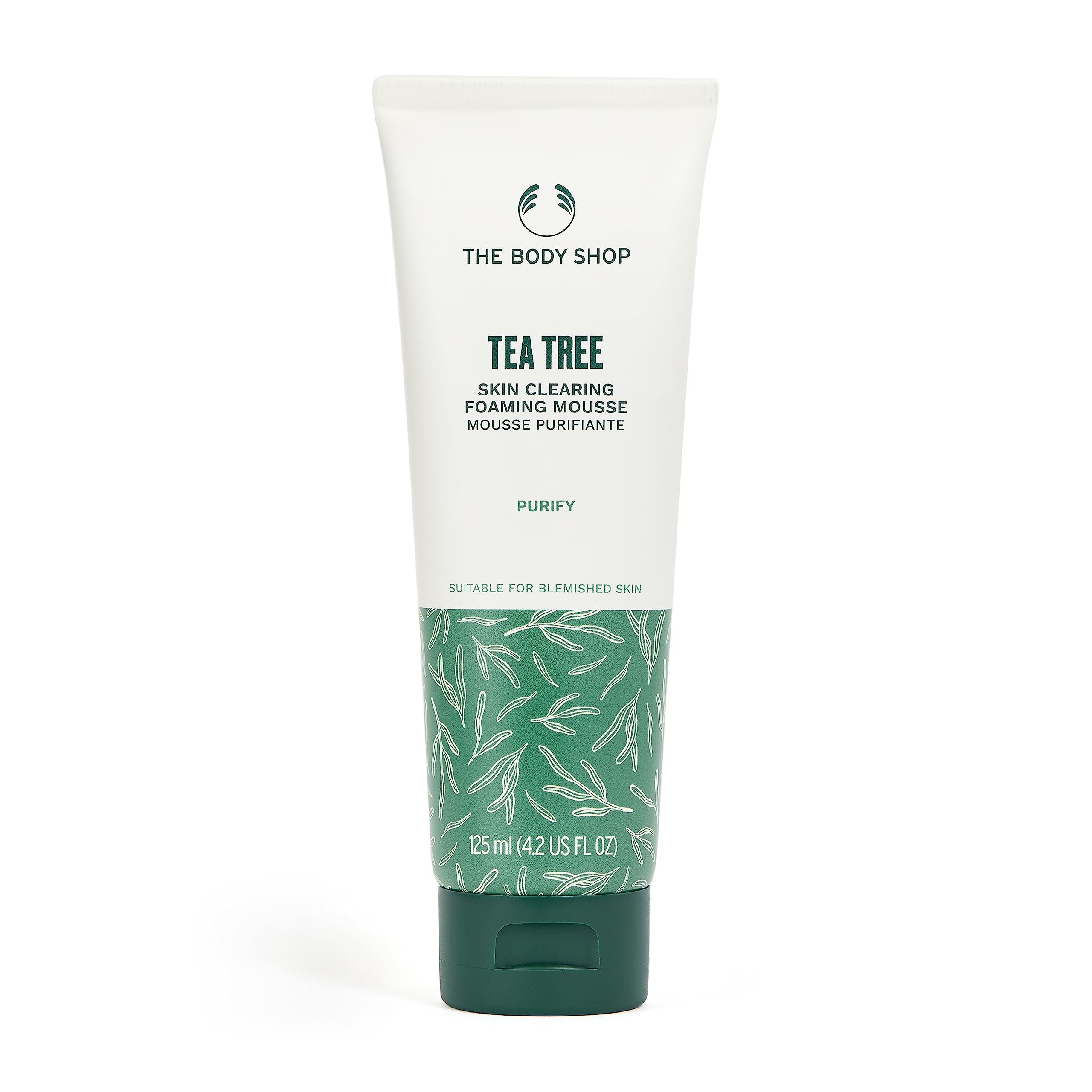 The Body Shop Tea Tree skin-clearing foaming cleanser bottle shows oil-control for blemish-prone skin.