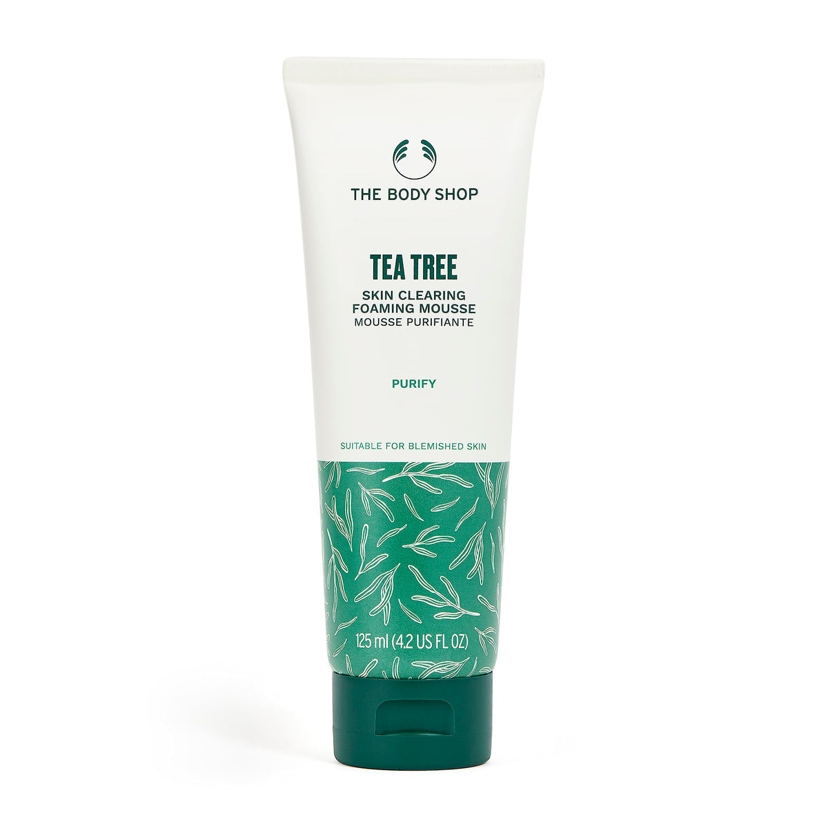 The Body Shop Tea Tree skin-clearing foaming cleanser bottle shows oil-control for blemish-prone skin.