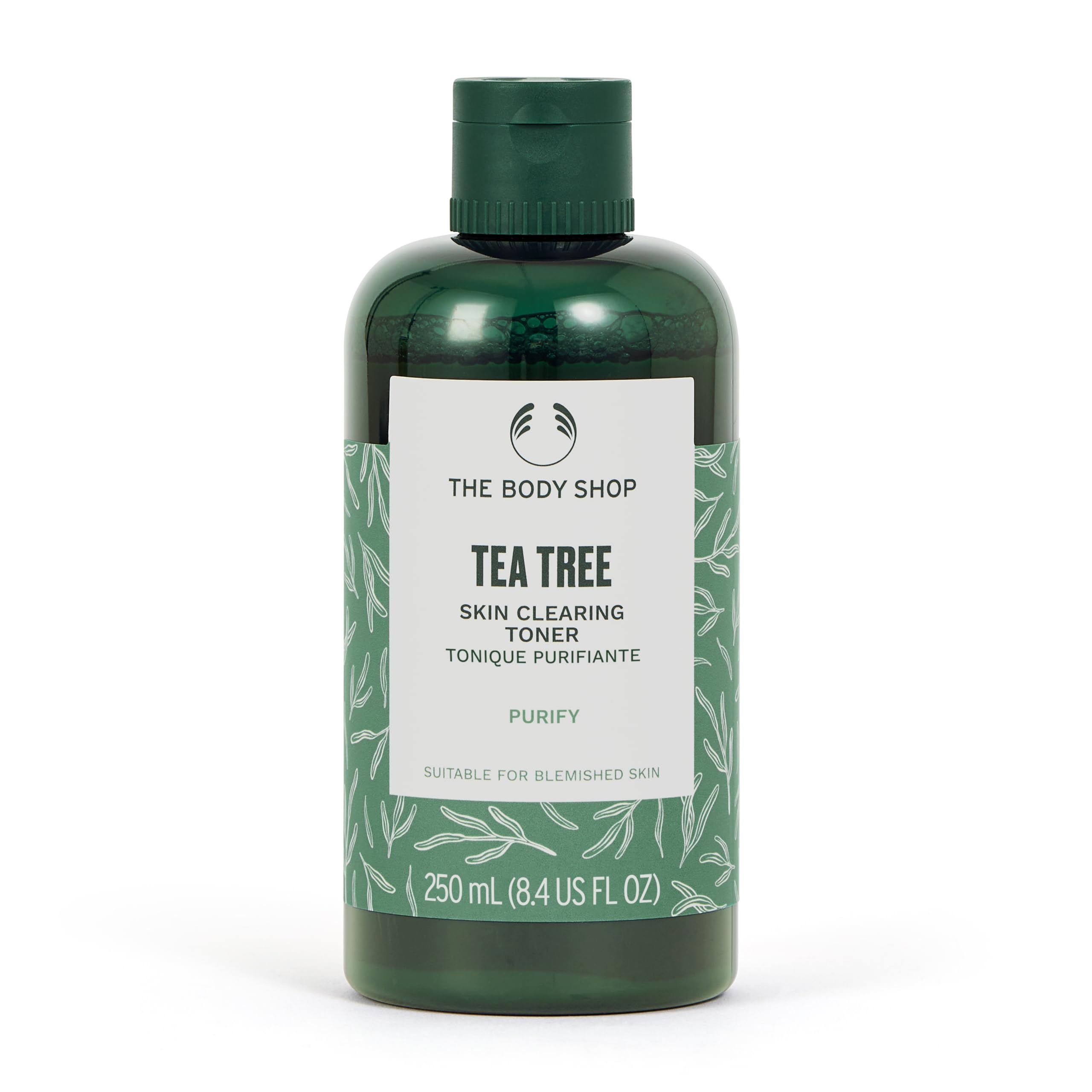The Body Shop Tea Tree toner bottle shows mattifying action for clearer pores