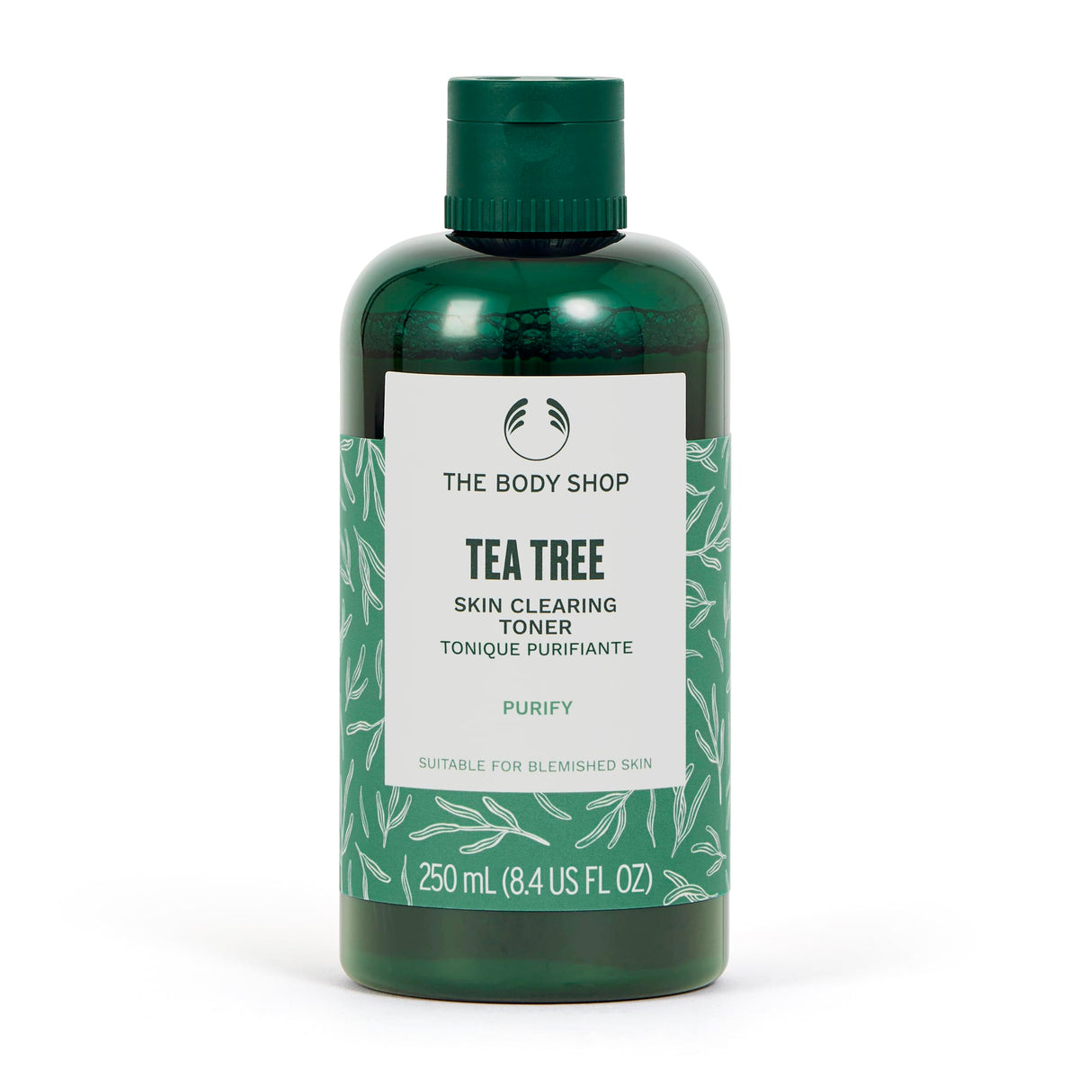 The Body Shop Tea Tree toner bottle shows mattifying action for clearer pores