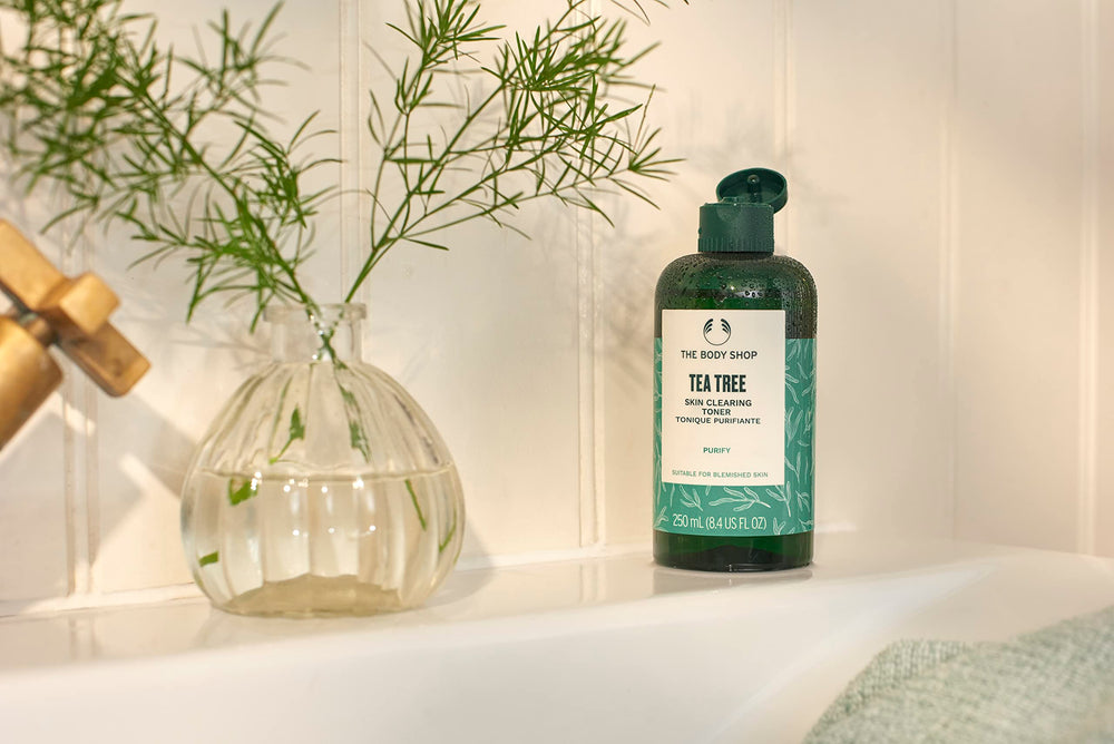Closeup of The Body Shop Tea Tree toner bottle pump for gentle cleansing
